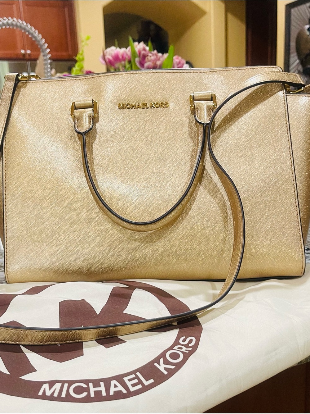 Michael Kors Metallic Gold Saffiano Satchel with Shoulder Strap